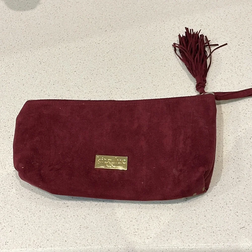 Kit & Luc maroon gold suede tassel zip cosmetics bag